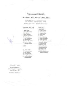 Crystal Palace v Chelsea official colour teamsheet 02/08/2003 Pre-Season Friendly