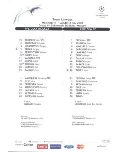 CSKA Moscow v Chelsea teamsheet 02/11/2004 Champions League