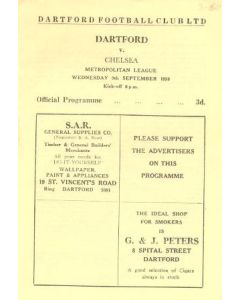 Dartford vChelsea Metropolitan League official programme 09/09/1959