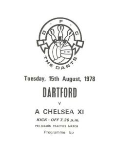 Dartford vChelsea official programme 15/08/1978 with a handwritten postcard