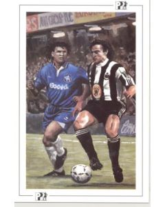 Newcastle United's French International David Ginola about to feel the challenge of Chelsea's Dutch International Maestro Ruud Gullit postcard