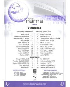 Derby County v Chelsea official colour teamsheet 07/04/2001 Premier League