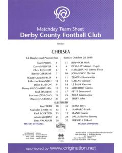 Derby County v Chelsea official colour teamsheet 28/10/2001 Premier League
