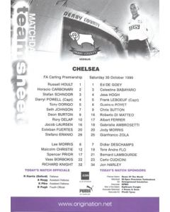 Derby County v Chelsea official colour teamsheet 30/10/1999 Premier League