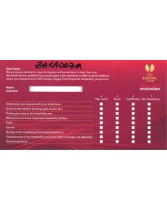 Chelsea V Benfica Europa League Final 2013 Corporate Hospitality feedback form card