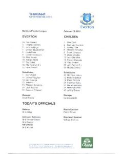 Everton v Chelsea teamsheet 10/02/2010 Premier League