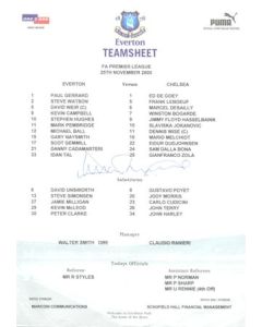 Everton v Chelsea official colour teamsheet 25/11/2000 Premier League, signed