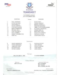 Everton v Chelsea official colour teamsheet 25/11/2000 Premier League