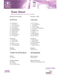 Everton v Chelsea official colour teamsheet 01/11/2003 Premier League