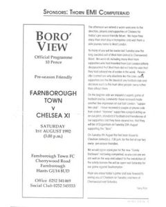 Farnborough Town vChelsea XI official programme 01/08/1992 Friendly Match, the white programme