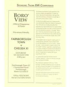 Farnborough Town vChelsea XI official programme 01/08/1992 Friendly Match, the yellow programme