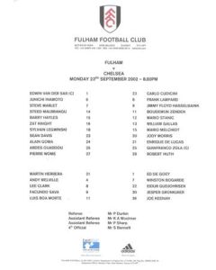 Fulham v Chelsea official colour teamsheet 23/09/2002
