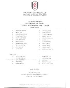 Fulham v Chelsea official colour teamsheet 30/11/2004