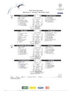 Real Betis v Chelsea Full Time Summary sheet 01/11/2005 about Liverpool v Anderlecht, Real Betis v Chelsea, Artmedie Bratislava v Rangers and Internazionale v Porto
