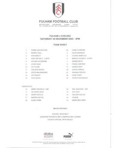 Fulham v Chelsea official colour teamsheet 20/12/2003