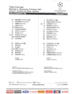 Galatasaray v Chelsea official colour teamsheet 20/10/1999 Champions League, reduced price