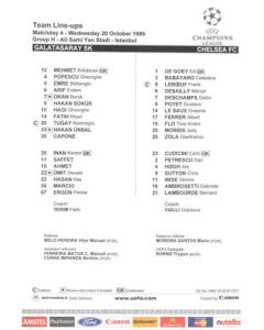 Galatasaray v Chelsea official colour teamsheet 20/10/1999 Champions League