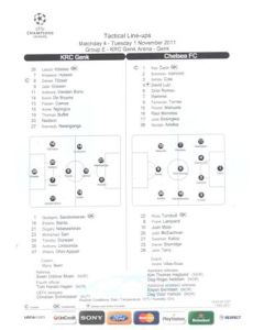KRC Genk v Chelsea 01/11/2011 Champions League Comentator Teamsheet