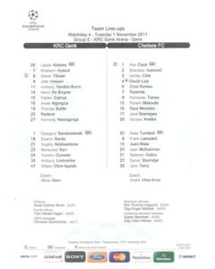 KRC Genk v Chelsea 01/11/2011 Champions League Teamsheet