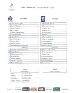 KRC Genk v Chelsea 01/11/2011 Champions League VIP Teamsheet