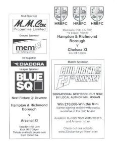 Hampton & Richmond Borough vChelsea XI official programme 25/07/2007 Pre-Season Friendly Match