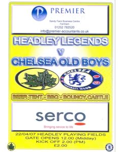 Headley Legends vChelsea Old Boys official programme 22/04/2007