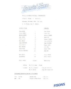 Ipswich Town v Chelsea official teamsheet 20/04/1994