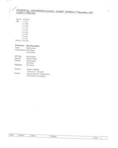 Lazio v Chelsea On Digital original BBC TV Script of presenter Jim Rosenthal 07/12/1999 Champions League