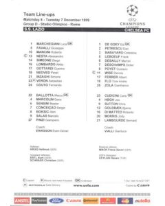 Lazio v Chelsea official colour teamsheet 07/12/1999 Champions League