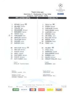 Levski Sofia Bulgaria v Chelsea official colour teamsheet 27/09/2006 Champions League