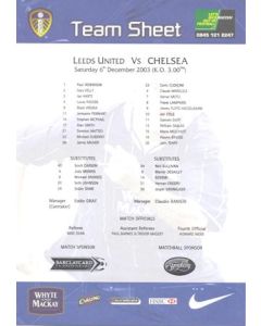Leeds United v Chelsea official colour teamsheet 06/12/2003 Premier League