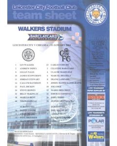Leicester City v Chelsea official colour teamsheet 11/01/2004 Premier League