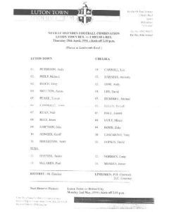 Luton Town v Chelsea official teamsheet 28/04/1994