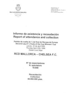 Majorca v Chelsea Report of Attendance and Collection 22/04/1999 Cup Winners Cup Semi-Final