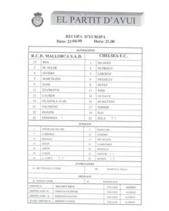 Majorca v Chelsea official teamsheet 22/04/1999 Cup Winners Cup Semi-Final