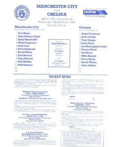 Manchester City v Chelsea official teamsheet 16/12/1987