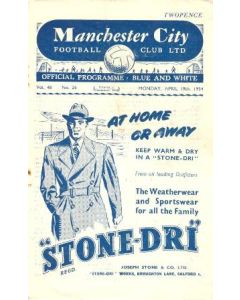 Manchester City vChelsea official programme 19/04/1954