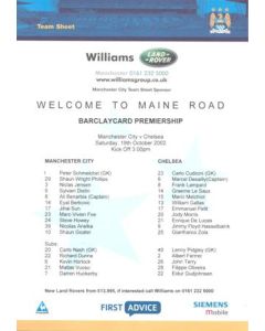 Manchester City v Chelsea official colour teamsheet 19/10/2002 Premier League
