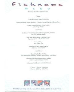 Chelsea Fishnets menu of 16/11/2002