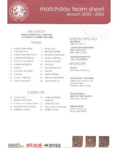 Middlesbrough v Chelsea official colour teamsheet 11/02/2006