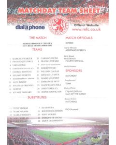 Middlesbrough v Chelsea official colour teamsheet 14/12/2002 Premier League, half price