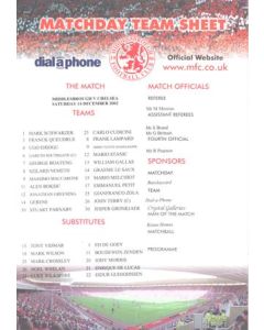 Middlesbrough v Chelsea official colour teamsheet 14/12/2002 Premier League