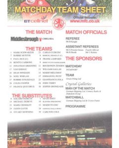 Middlesbrough v Chelsea official colour teamsheet