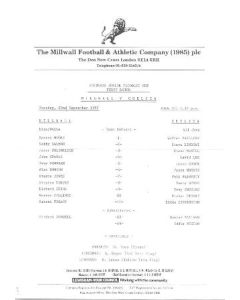 Millwall v Chelsea official teamsheet 22/09/1987