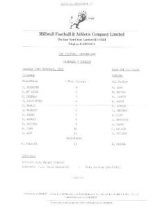 Millwall v Chelsea official teamsheet 23/11/1982