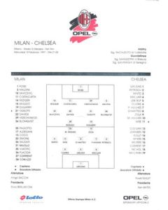 Milan v Chelsea 19/02/1997 friendly match official colour teamsheet