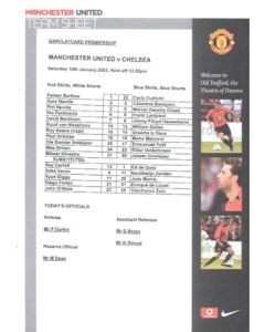 Manchester United v Chelsea official colour teamsheet 18/01/2003 Premier League