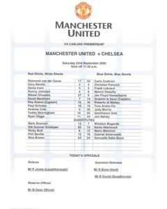 Manchester United v Chelsea official colour teamsheet 23/09/2000 Carling Premiership