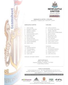 Newcastle United v Chelsea official colour teamsheet 01/03/2003 Premier League