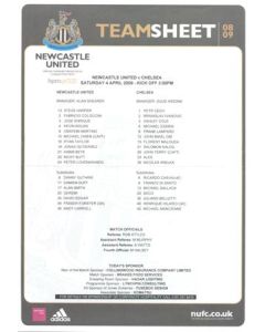 Newcastle United v Chelsea teamsheet 04/04/2009